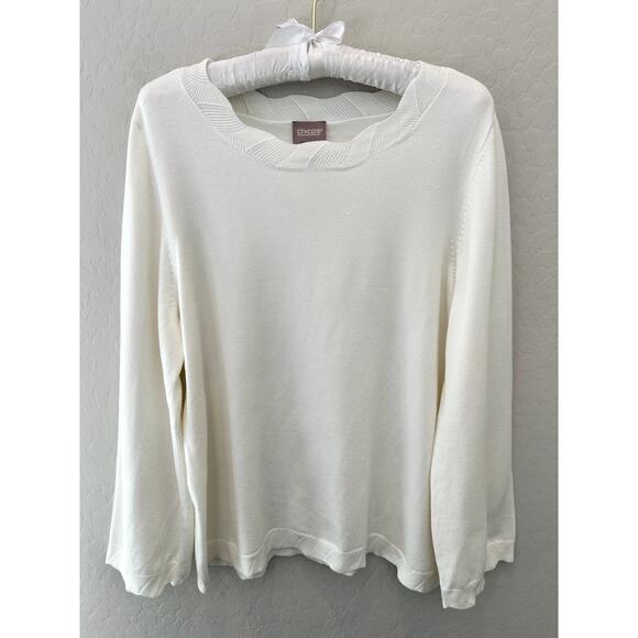 CHICOS | Cream Minimalist Round Neck Ribbed Trim Wide Sleeve Sweater | Large - Picture 1 of 7